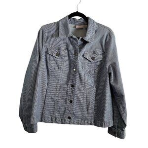 Chicos Women Sz 2/M Blue/White Railroad Engineer Striped Button Up Jean Jacket